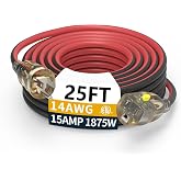 25ft 14/3 Outdoor Extension Cord Medium Duty Lighted Locking Plug ETL | pure copper SJEOW waterproof -58&deg;F to 221&deg;F, 15A 1875W, lawn care, woodworking, generator, garage, outdoor use