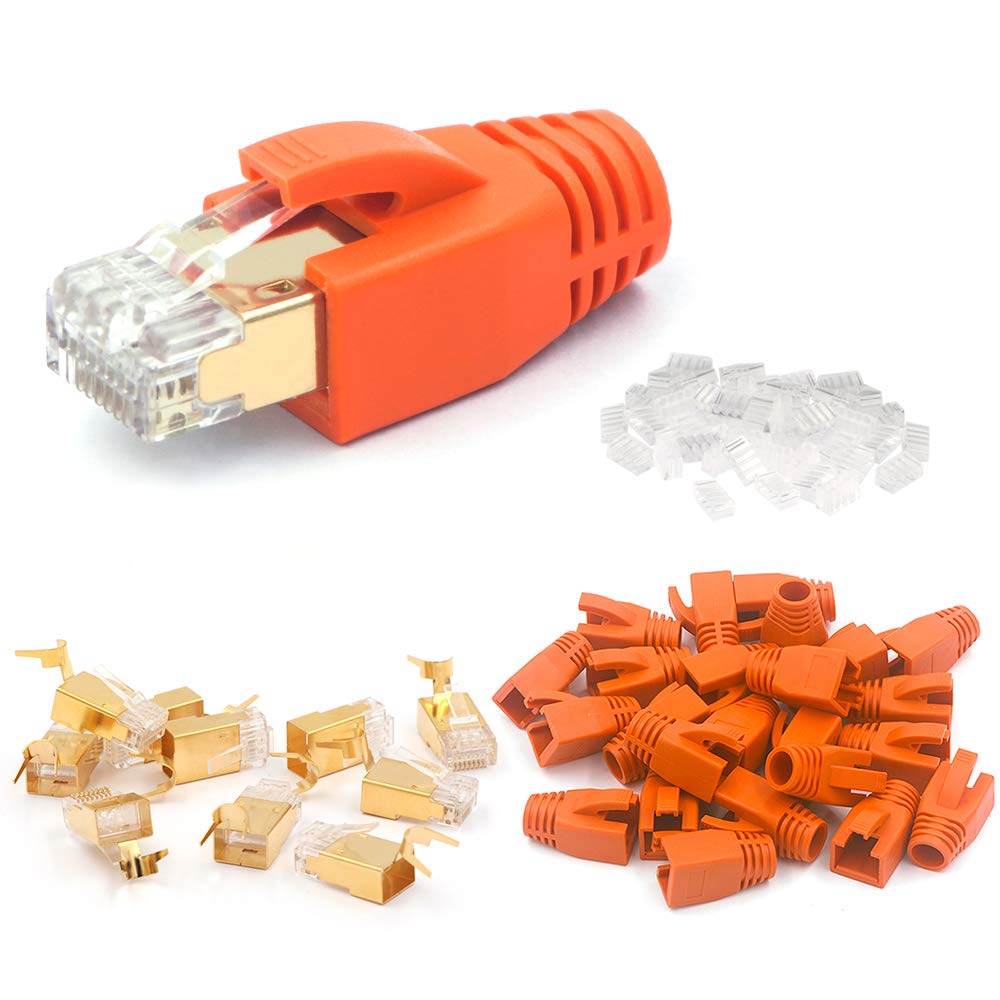 VCE 30 Pack Shielded CAT7 RJ45 Connector Gold with Boots CAT6A RJ45 Modular Plug with Load Bar