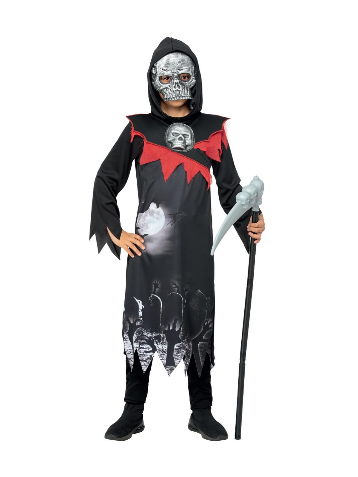 Smiffys Deluxe Grim Reaper Costume Robe with EVA Skull Chest and Mask, Halloween Child Fancy Dress, Skeleton Dress Up Costumes