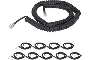 Cablesys Coiled Telephone Handset Cord for Use with PBX Phone Systems, VoIP Telephones - 12 Ft Uncoiled, Rj22, 1.5 Inch Lead on Both Ends, Flat Black, 10-Pack