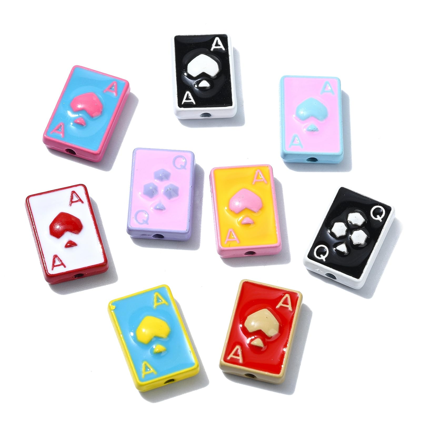 Ipotkitt 30 Pcs Colorful Enamel Poker Card Beads Metal Playing Card Beads Rectangle Heart Beads for DIY Keychain Beadable Necklace Bag Jewellery Making