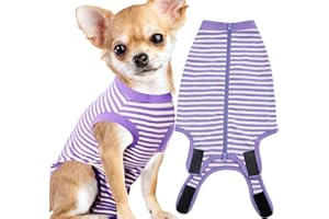 Sychien Dog Recovery Suit Small,Female Spay Male Surgery Recovery Shirt,Soft Combed Cotton Surgical Puppy Suit,S Purple-White Striped