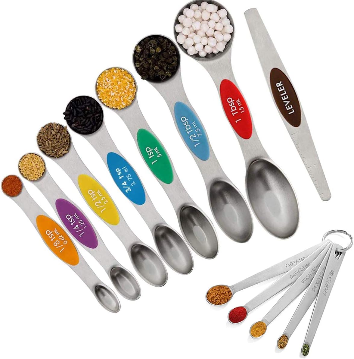 13 Piece Stainless Steel Measuring Spoons Set, Including 7 Double Sided Magnetic Measuring Spoons, 1 Leveler and 5 Mini Measuring Spoons, for Dry and Liquid Ingredients, Fits in Spice Jar (Multicolor): Kitchen & Dining