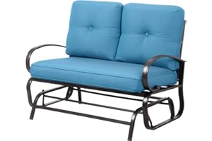Shintenchi Metal Outdoor Patio Swing Glider Bench, Loveseat Rocking Chair, Wrought Iron Patio Furniture Steel Frame Glider Chair with Cushion for Porch, Balcony, Garden(Ocean Blue)