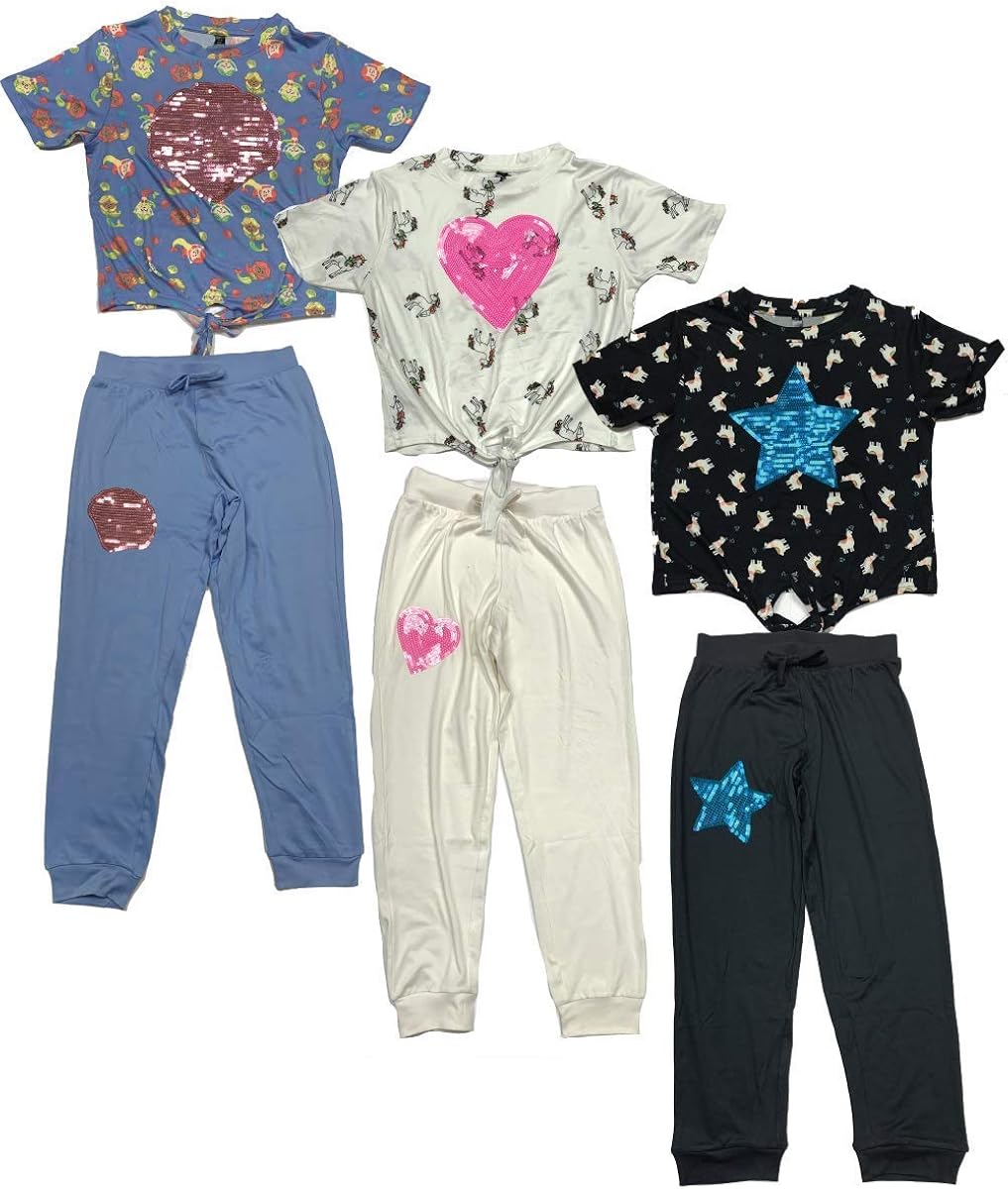 MISS POPULAR 6-Piece Set Girls Kids Sequins Applique Short Sleeve Tie Front T-Shirt with Jogger Pants Size 7-16: Clothing