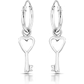 AeraVida Romantic Heart Key Charm Dangle Hoop Earrings Sterling Silver | Adorable Sterling Silver Hoop Dangle Earrings | Earrings for Women | Key Hoop Dangle Earrings | Chic Hoop Dangle Earrings | Love Symbol