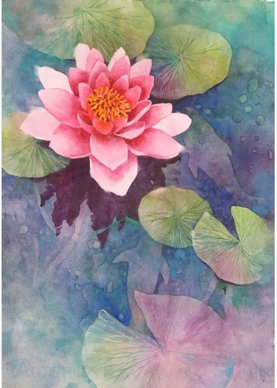 Kaliosy 5D Diamond Painting Pond Lotus Watercolor Painting by Number Kits Paint with Diamonds Art, DIY Crystal Craft Full Drill Cross Stitch Decoration 12X16inch (X27839)