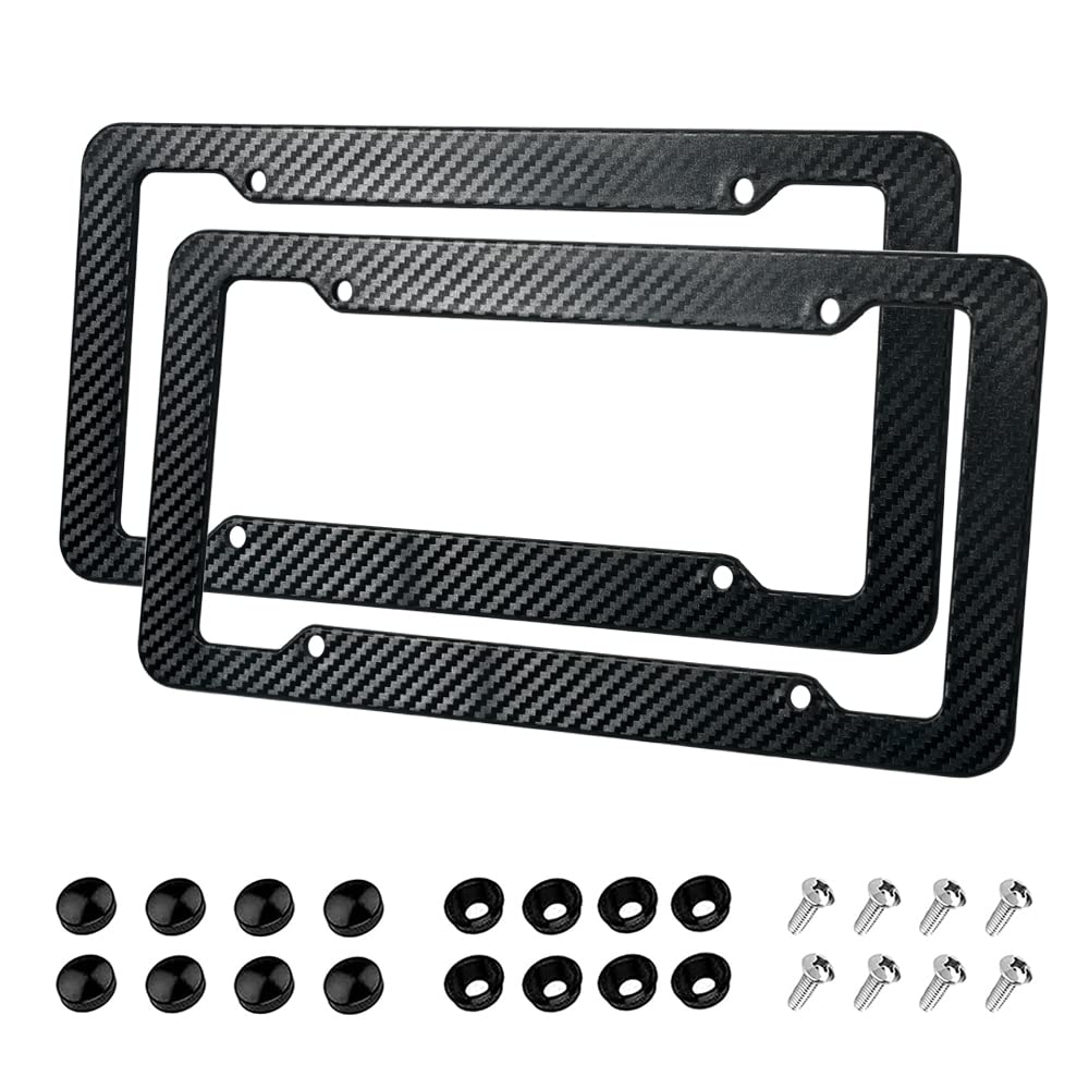 Photo 1 of 2 Pack License Plate Frames, Carbon Fiber License Plate Frame, Car Tag Cover for Front & Rear with Fasteners and Screws,4 Hole Universal Holder Waterproof Plastic Number Plate Frame