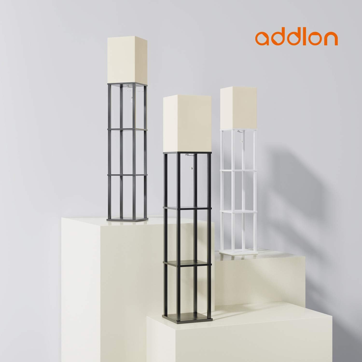 Addlon LED Modern Shelf Floor Lamp with White Lamp Shade and LED Bulb - Display Shelves Floor Lamps for Living Room Bedroom and Office - Classic Black: Home Improvement