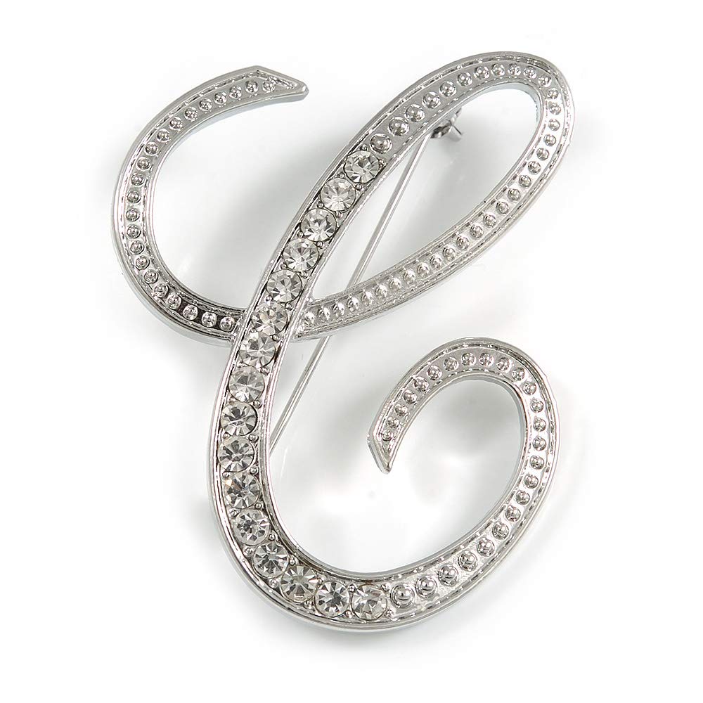 'C' Rhodium Plated Clear Crystal Letter C Alphabet Initial Brooch Personalised Jewellery Gift - 50mm Tall