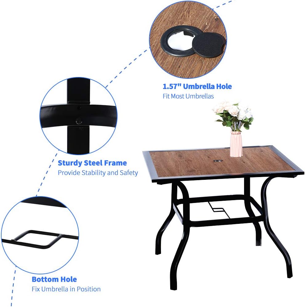EMERIT Outdoor Patio Dining Table Square Metal Table with Umbrella Hole and Wood-Like Tabletop: Kitchen & Dining