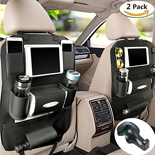 Fincy Palmoo PU Leather Car Back seat Organizer and iPad Mini Holder, Back Seat Kick Protectors for Kids, Storage Bottles, Tissue Box, Toys - (2 Pack,Black) - Thumbnail 7