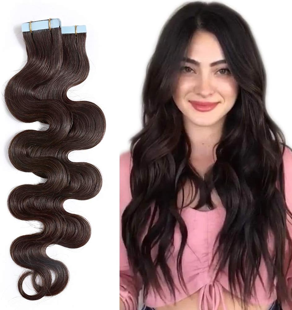 14 inch SEGO Tape in Hair Extensions Human Hair Curly Wavy [2 Dark Brown] 20PCS 100 Real Remy