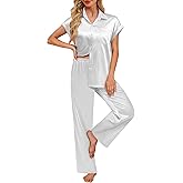 Ekouaer Womens Satin Pajamas Set Silky Two-piece Short Sleeve and Long Pants Sleepwear Button-Down Pj Sets With Pockets