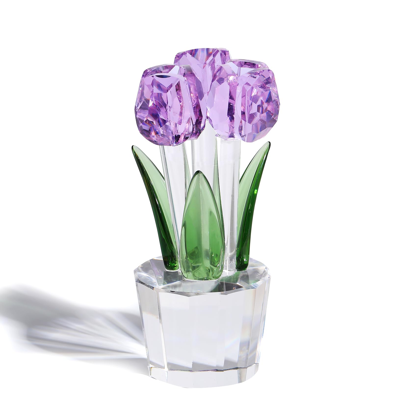 Crystal Purple Tulips Bouquet Figurine Collectible Gifts for Women, Glass Flower Centrepiece Ornaments for Christmas Anniversary (with 3 flowers)