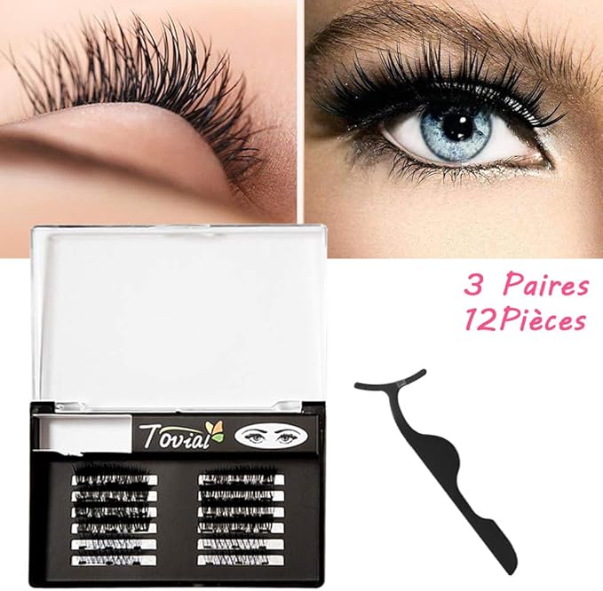 Faux Cils Magnétique, 3 Paires / 12 Pièces 3D Réutilisables sans Colle
