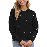 Kedera Fall Sweaters for Women Long Sleeve Crewneck Knit Embellished Bow Tops Loose Fit Y2K Casual Pullover with Pearls