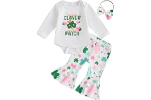 FEIBEL Baby Girl St. Patrick's Day Outfit Long-Sleeve Letter Romper and Clovers Print Bell Bottomed Pants Set with Headband