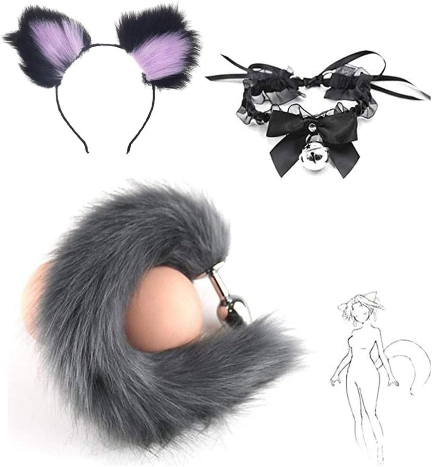 Fluffy B-ütt P-l-ǔ-g Grey Fox Tail Plush And Multicolor Cat Ears Anime Set Neck Choker for Women Glamour Female Masquerade Props 3pcs Set