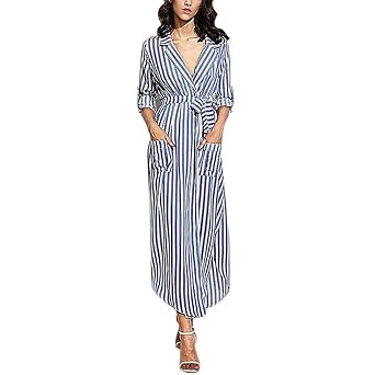 OVERDOSE Damen Elegant Streifen Belted Deep V Neck Langarm Top Bluse Langes Kleid Maxi Kleid Partykleid Blusekleid Business K