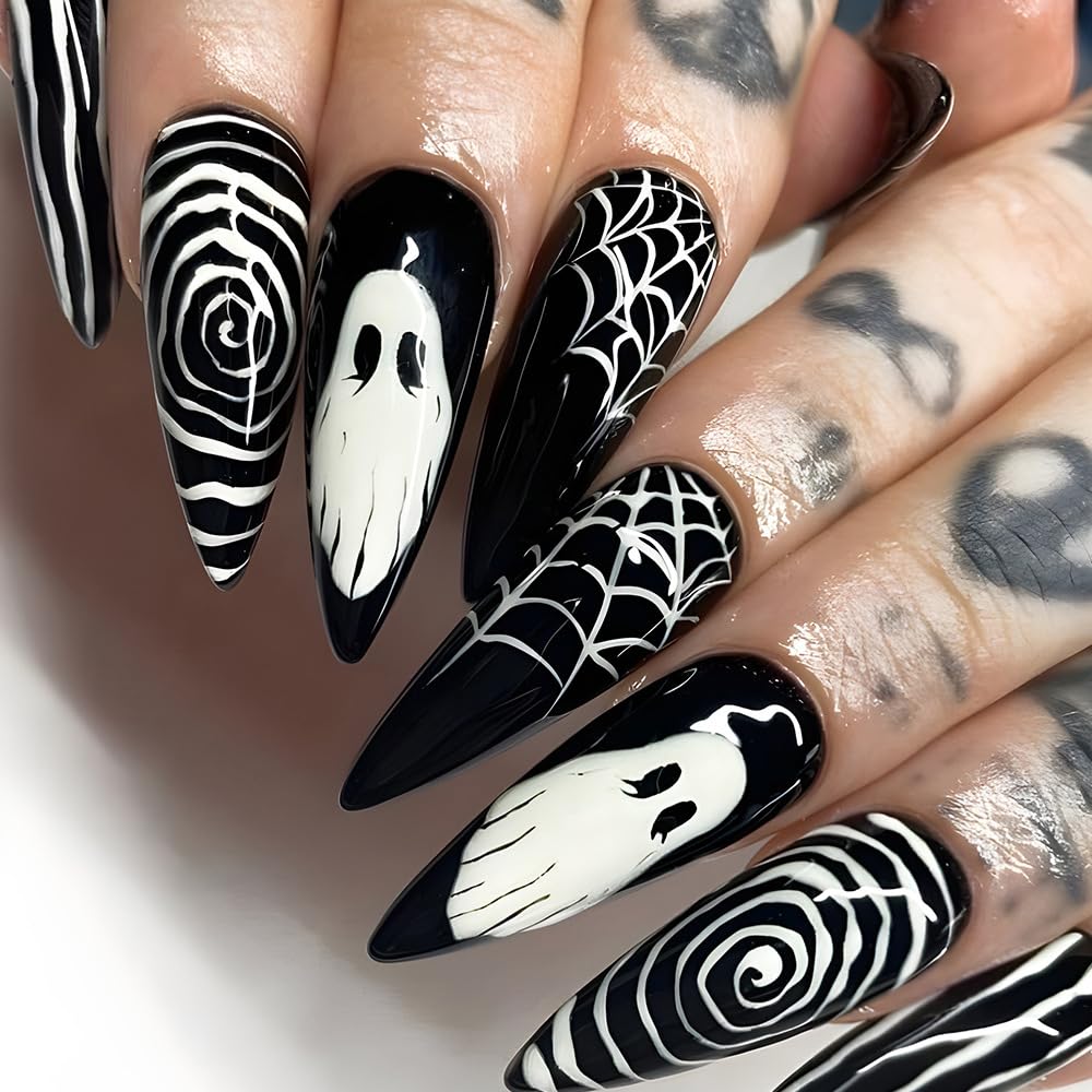 24Pcs Halloween Press on Nails Almond Long Ghost