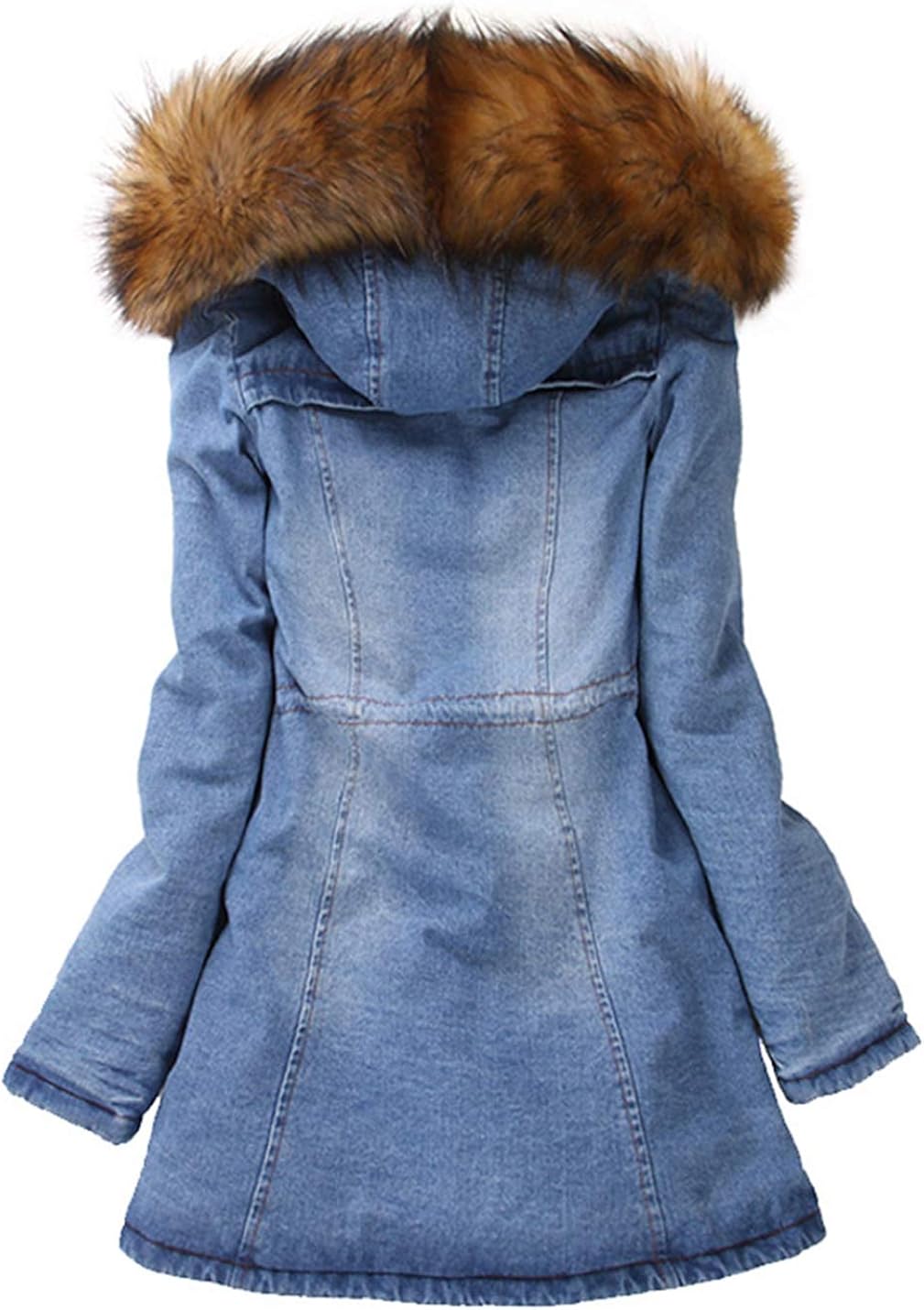 denim winter coat with fur hood