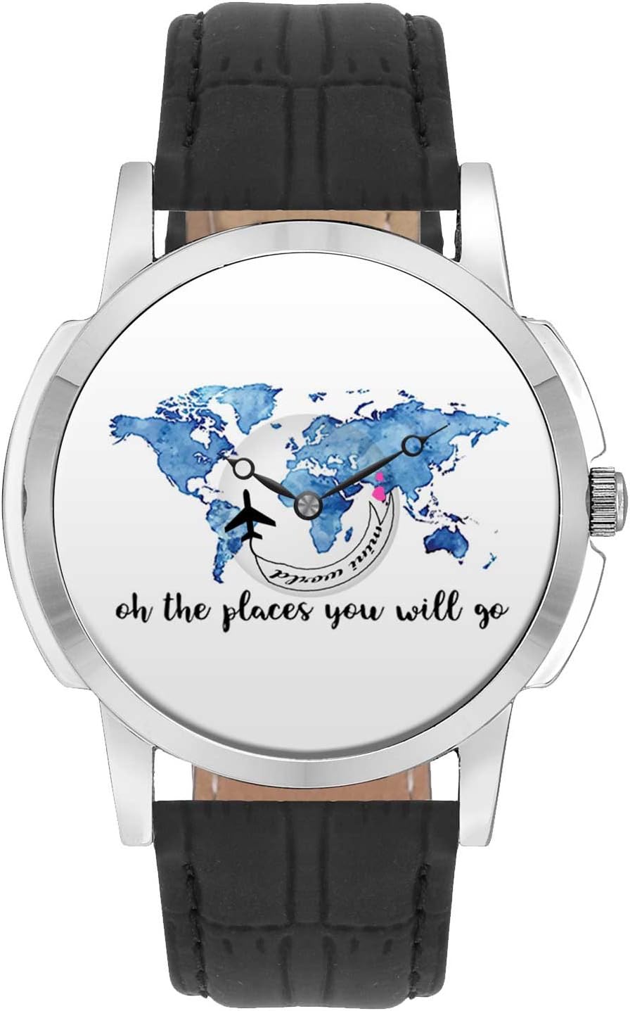 Travel Watch - BigOwl Oh The Places You Will Travel Design World Map Design Leather Strap Casual Wrist Watch for Men…