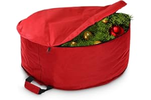 LAFBO Large 26" Christmas Wreath Storage Bag - Zippered, Heavy-Duty, Water-Resistant, Commercial Grade Material with Attached Handle, Store Garlands, Winter Coats, Ski Gear, and Holiday Decorations (Red)