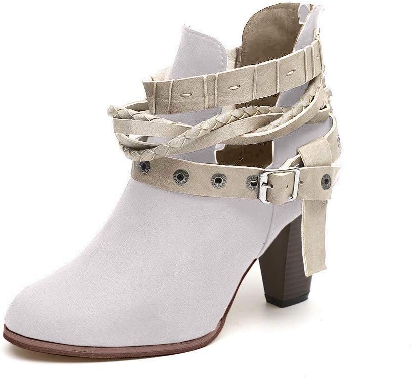 XMWEALTHY Women's Chunky Heels Boots Buckle Strap Block Heels Ankle Booties