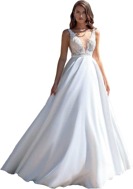 Boho Wedding Dresses Satin Skirt Deep V Neck Net Beaded Top Sleeveless