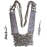 Silver Long Necklace with Earrings Set for Women | Traditional Oxidized Jewelry Set | Antique Look Ethnic Necklace & Earring Combo for Party, Wedding & Festive Wear