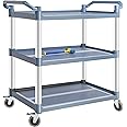 BRLJUNEO Plastic Utility Carts with Wheels, 3-Tier Medium Size Restaurant Food Cart, Heavy Duty 510lbs Capacity Rolling Service Cart w/Hammer for Commercial, Kitchen, Office (Lockable Wheels, M-Grey)