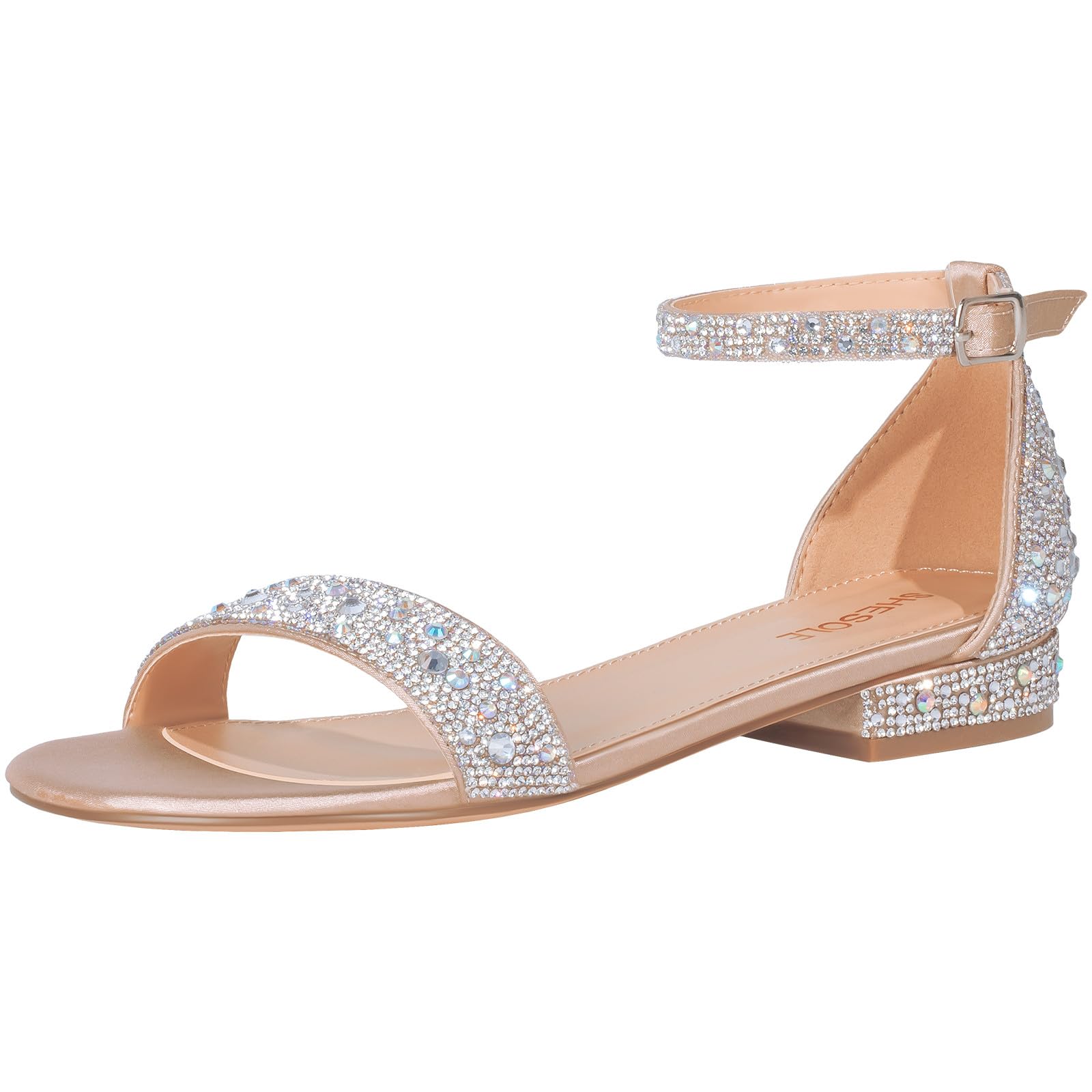 Photo 1 of SheSole Women's Rhinestone Low Block Heel Sandals Sparkly Ankle Strap Sandal Bridal Wedding Dress Shoes Gold US Size 9