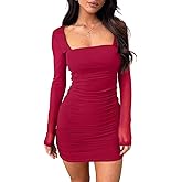 oten Women Mesh Long Sleeve Square Neck Mini Dress Sexy Ruched Bodycon Cocktail Club Party Short Dresses
