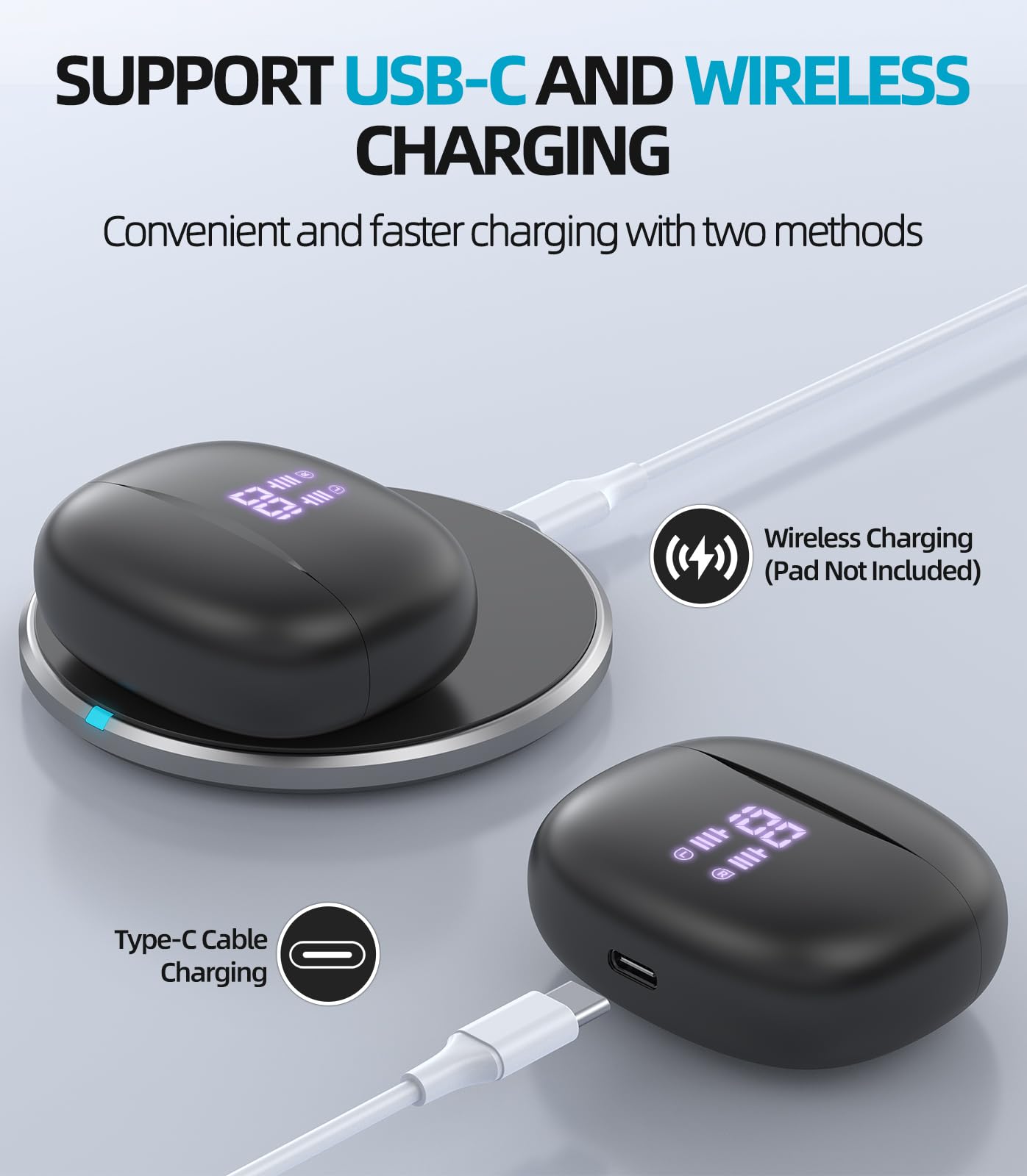 Kabellose Kopfhörer Bluetooth 5.3, 2026 Wireless in Ear Ohrhörer, 50H Tiefer Bass Ohrhörer, IPX5 Wasserdicht Sport Wireless Charger & USB-C Earbuds, Dual Mikrofon Noise Cancelling kopfhörer,with LED 2