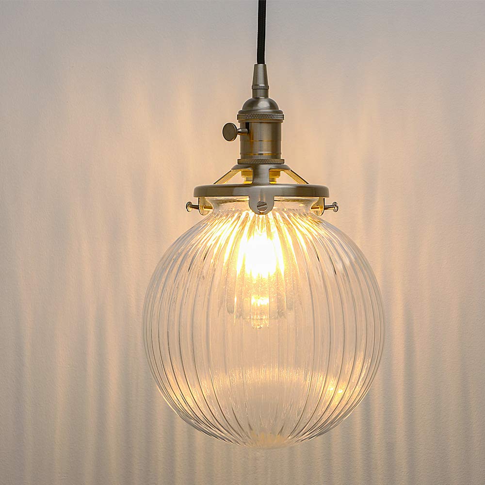 Yosoan Vintage Edison Switch Pendant Light Fiting with Ribbed Globe Glass Shade, Industrial Pendant Light Fitting Chandelier for Kitchen Dining Room Bedroom Restaurant (Brushed)