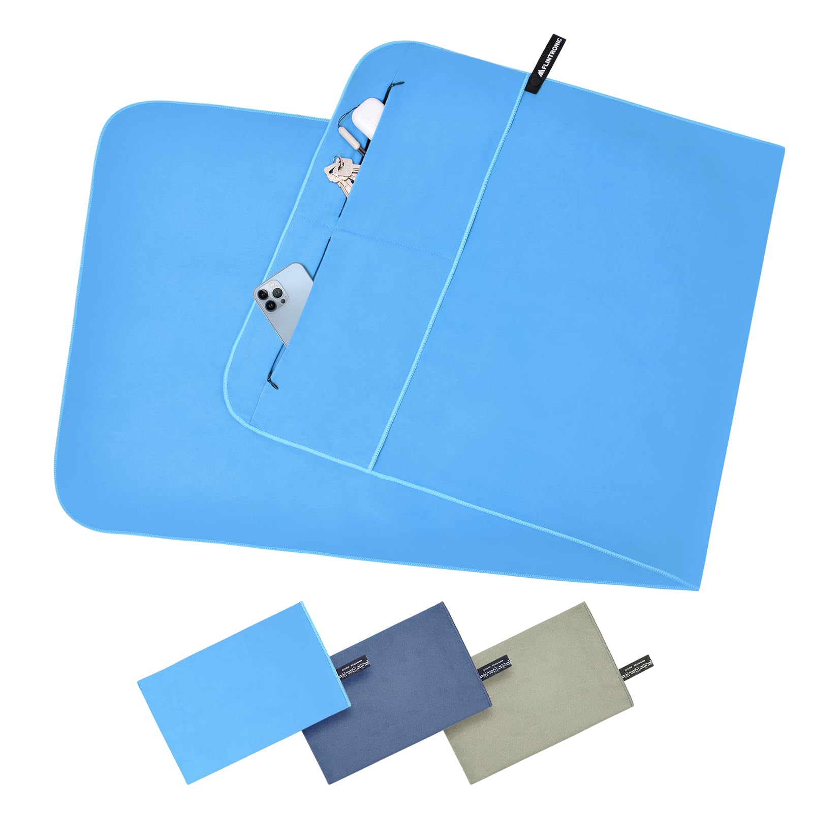 flintronic Microfibre Towel, 130x55CM Microfibre Travel Towel with Zipper Pocket, Lightweight Absorbent, Ultra-lightweight & Fast Drying, for Sports, Gym, Yoga, Camping & Backpacking