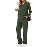 Sweetyweee 2 Piece Thermal Maternity Lounge Set Postpartum Pregnancy Fleece Loungewear Long Sleeve Top and Wide Leg Pant