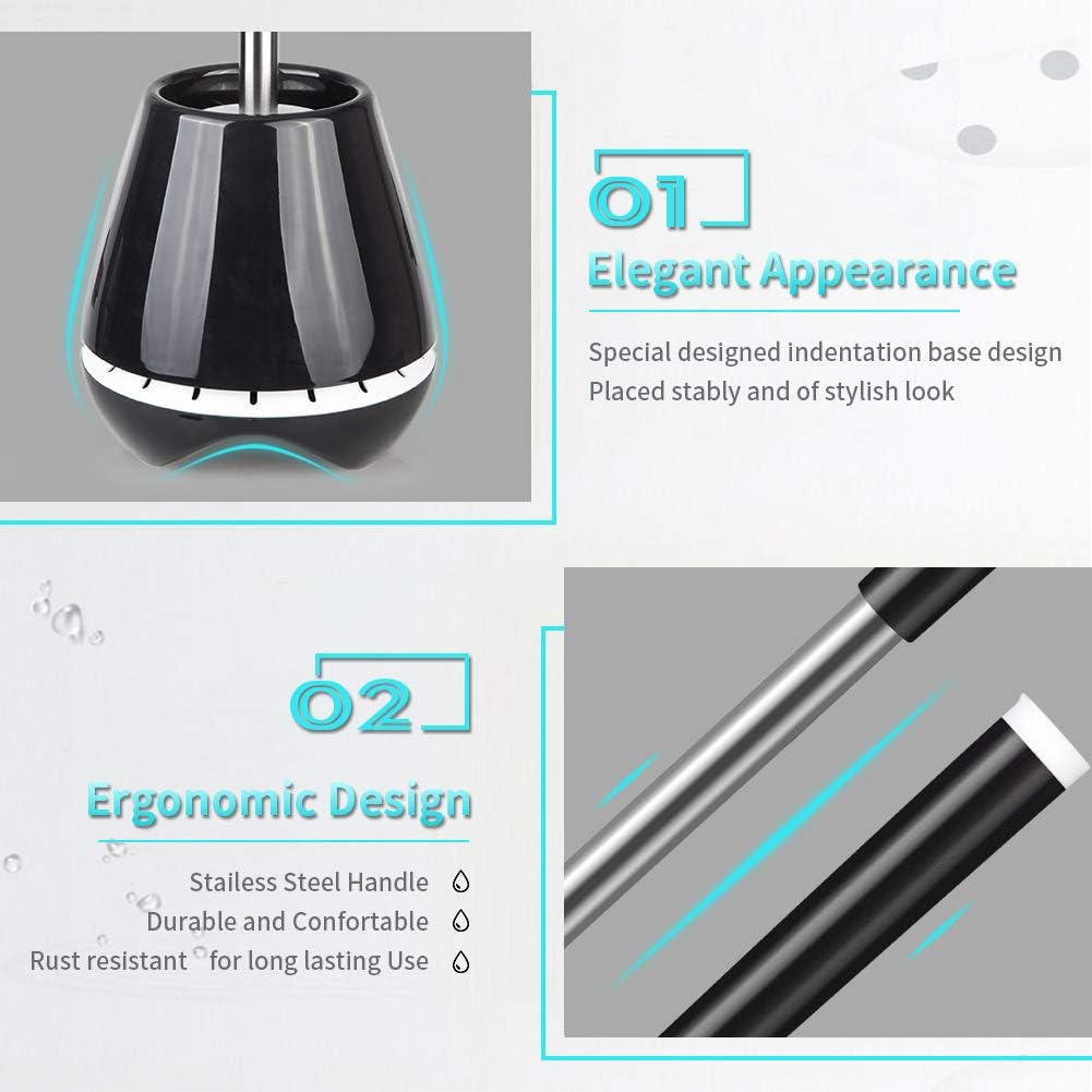 MEXERRIS Toilet Brush and Holder Set Stainless Steel with Soft Silicone Bristle, Sturdy Cleaning Toilet Bowl Cleaner Brush Set for Bathroom Storage Organization - Tweezers Included (Black): Kitchen & Dining