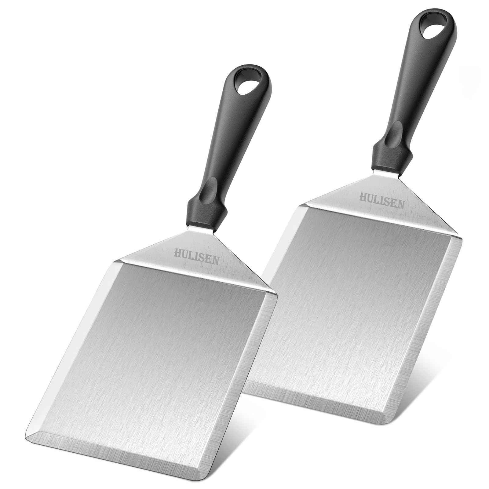 HULISEN Stainless Steel Spatula 2 pcs, 6 x 5 Inch Large Metal with Cutting Edges, Griddle for Smashed Burger, Essential Flat Top Grill Accessories, Outdoor (B0430-2)