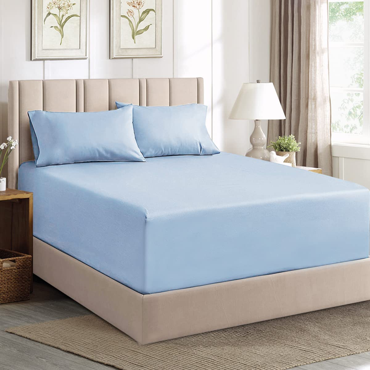 Aisbo Super King Fitted Sheet Spa Blue - Extra Deep Pocket Bed Sheet 16 inch 40 cm - Microfiber Bottom Sheet, 183x200cm