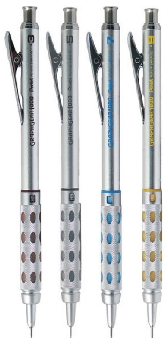 Pentel Assorted Size Pack Graphgear 1000 Automatic Proffesional Drafting Mechanical Pencil Rubber Grip Refillable Retractable (1 Of Each Size - 4 Pens - 0.3mm, 0.5, 0.7 & 0.9mm)