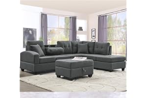 Evedy Sectional, L Shape Modular Storage Ottoman & Chaise, Comfy Oversized Corner Sofa Cup Holder,Fabric Living Room Furniture Couch Sets, 1, Gray Linen