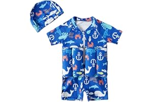 Digirlsor Kids Floatation Swimsuits Baby Boys Girls One Piece Float Suit Short Sleeve Swim Vest Zip up Buoyancy Swimwear +Cap