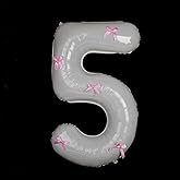 40 Inch White Number Balloons with Pink Bow Coquette Birthday Decorations Giant Number 5 Foil Balloon For Girl’s Pink Bow Birthday Party, Anniversary, Wedding, Proposal, Graduation Decor