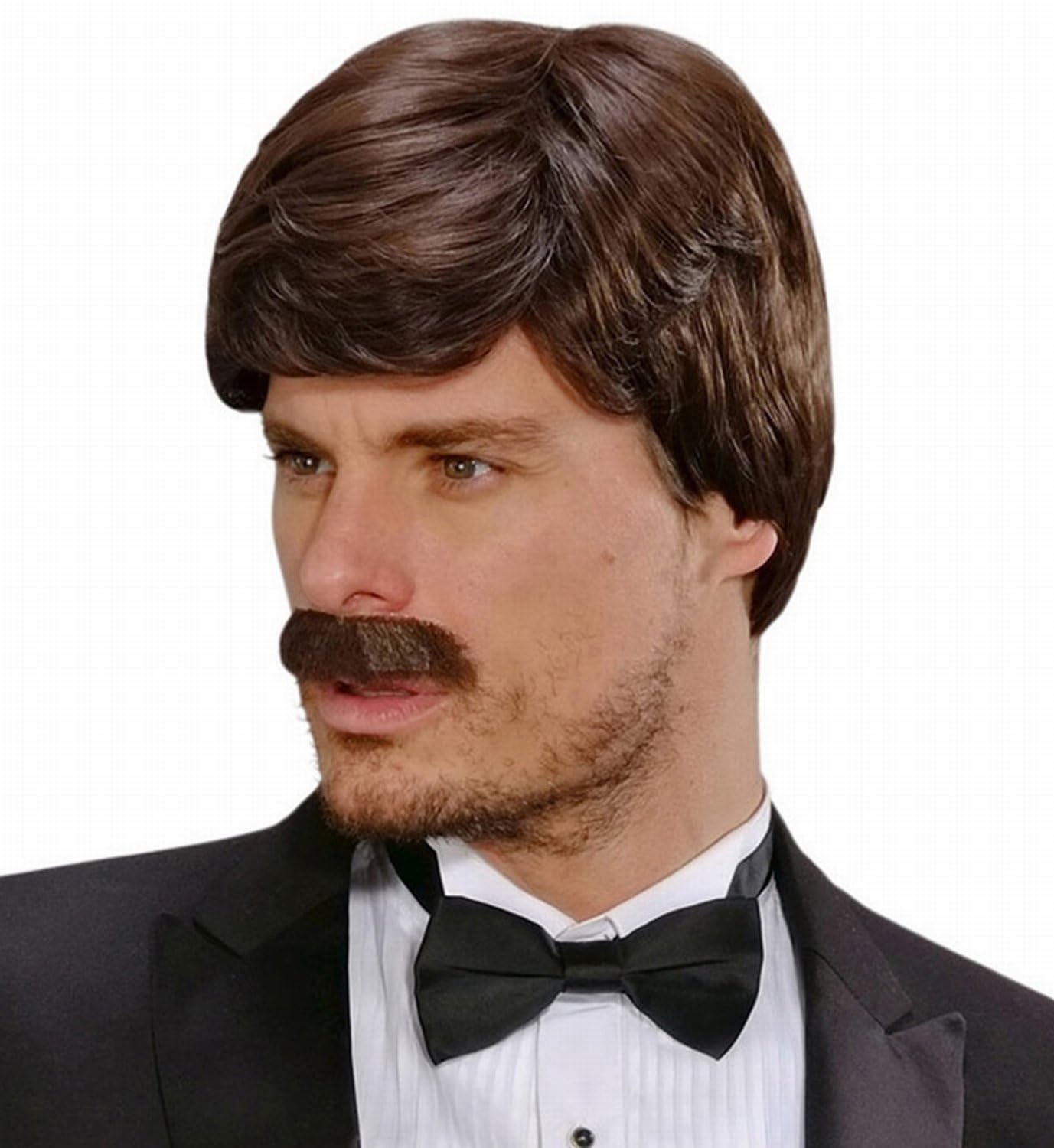 Brown Playboy Dreamhair Wig & Moustache Wig Accessory for 60s 70s Hippy Retro Fancy Dress Up Costumes & Outfits — image 1