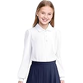 KEREDA Long Sleeve Uniform Shirts for Girls Cotton School Polo Shirts with Button for Kids
