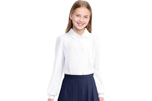 KEREDA Long Sleeve Uniform Shirts for Girls Cotton School Polo Shirts with Button for Kids