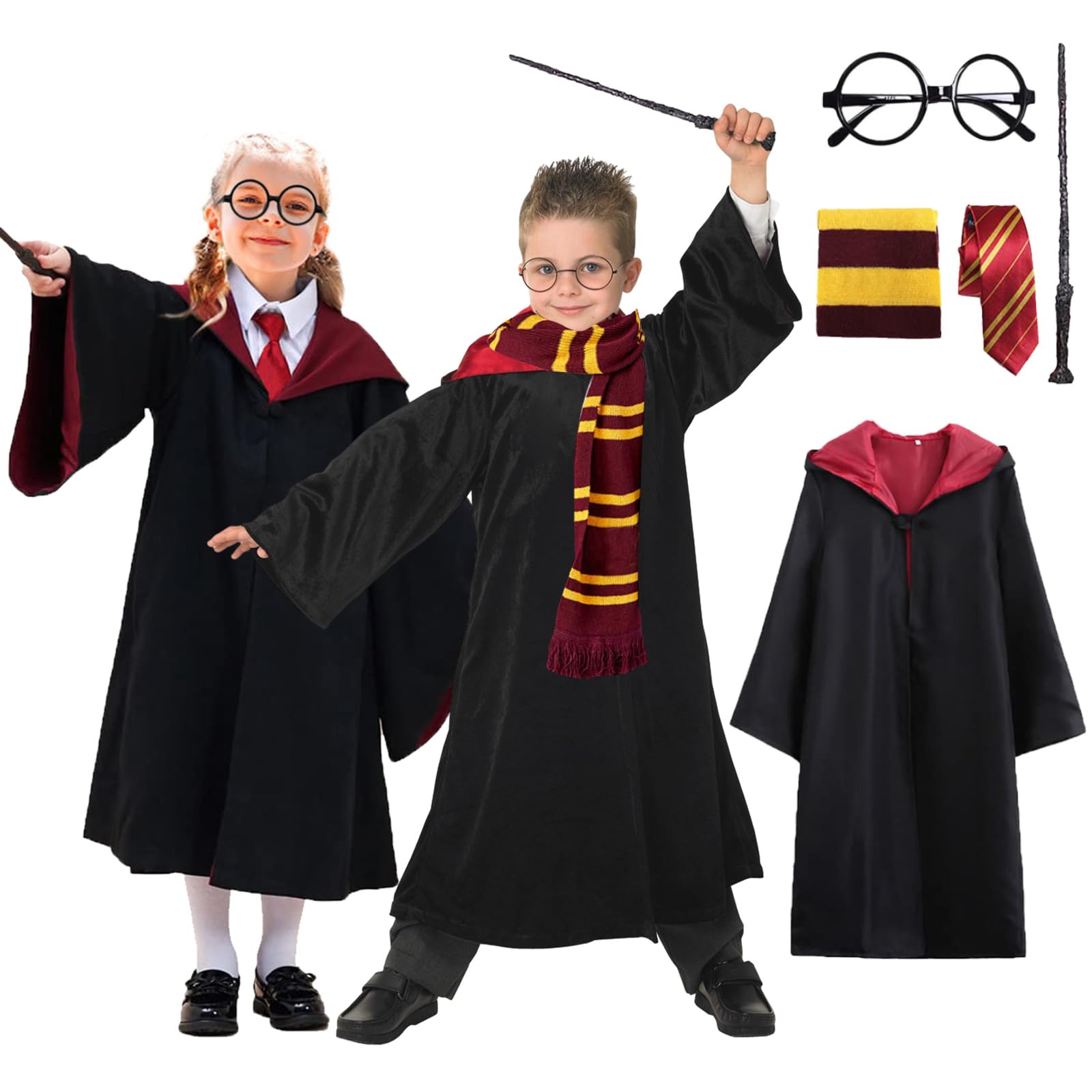 Luclay Costume Kids, 5PCS Wizard Costume, Magic School Unim Halloween Wizard Robe Wand Tie Scarf Glasses Wizard Fancy Dress, Cosplay Costume Kids, Halloween World Book Day Carnival Party, Red