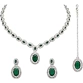 I Jewels Silver Plated Crystal Diamond Necklace With Earrings & Maang Tikka Jewellery Set for Women